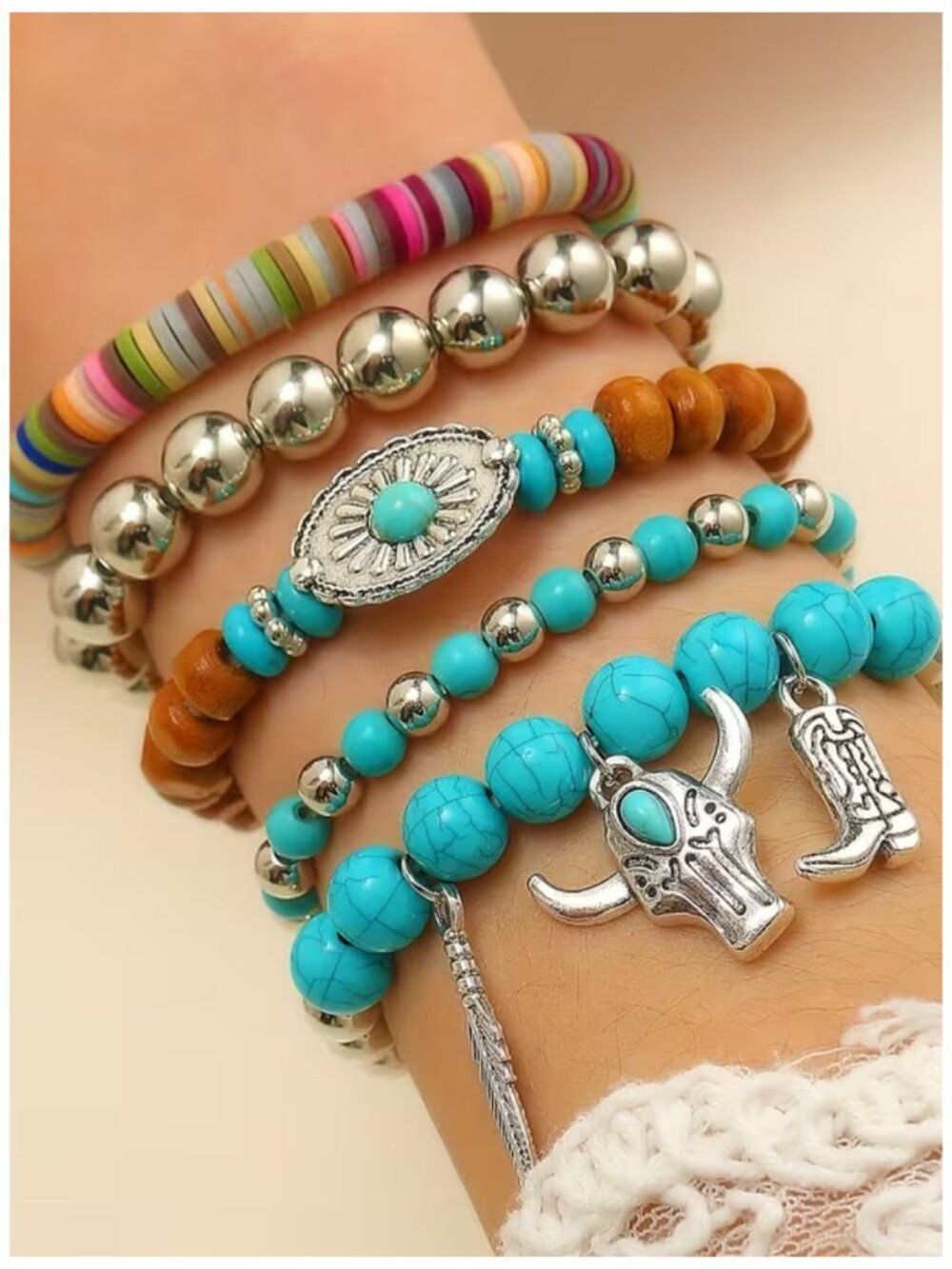 New Western Boho Faux Turquoise Beaded Layered Charm Bracelet Stack Set NWT